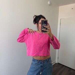Zara Marled Fuschia Pink Cozy Cropped Crewneck Sweater